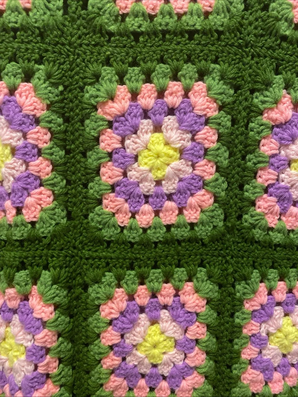 Handmade Granny Square Crochet Blanket in Olive, Pink, Lavender & Yellow